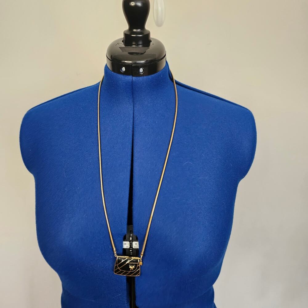 AFJ Black Enamel Mini Handbag Pendant Necklace – Gold Tone Purse Locket Style